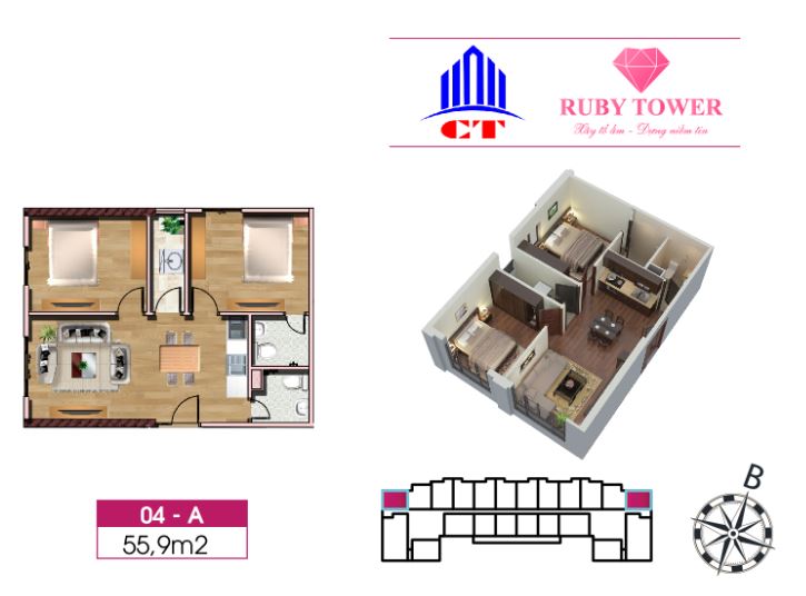 Mat bang 2PN Ruby Tower Thanh Hoa 55.9m